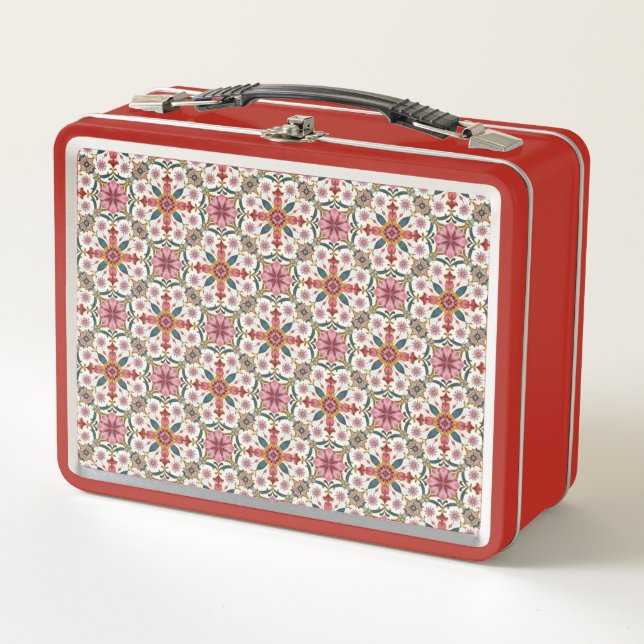 Florales Boho-Muster in Rot, Pink & Türkis Metall Brotdose (Vorderseite)
