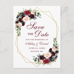 Florales Burgund Blau Gold Rahmen Save the Date Ankündigungspostkarte