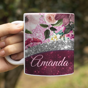 florales Burgund rosa silbernes falsches Glitter M Kaffeetasse