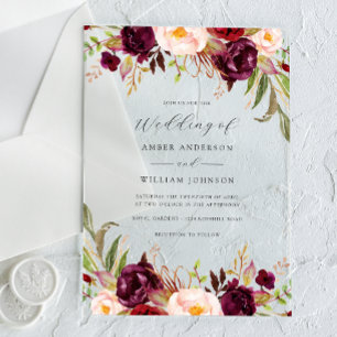 Florales Burgunder-Rosa-Blüten-Hochzeit Acryleinladungen