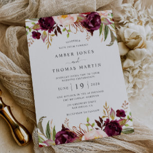 Florales Burgunder-Rosa-Blüten-Hochzeit   Einladung