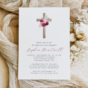 Florales Burgunder-Rosa-Silber-Kreuz-Mädchen-Taufe Einladung