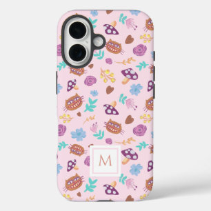 Florales Cheshire-Cat-Muster mit rosa Monogramm iPhone 16 Hülle