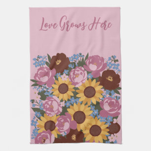 Florales Dekor - Liebe wächst hier - Pfingstrosen Geschirrtuch