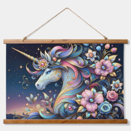 Florales Einhorn Nacht Fantasy Wandteppich Mit Holzrahmen