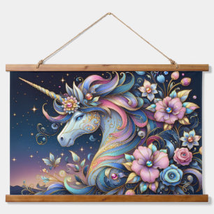 Florales Einhorn Nacht Fantasy Wandteppich Mit Holzrahmen