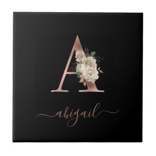 Florales Elfenbein-Roségold-Monogramm Buchstabe "A Fliese