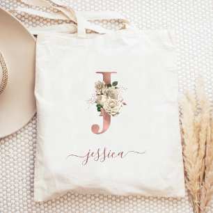 Florales Elfenbein-Roségold-Monogramm Buchstabe J Tragetasche