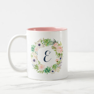 Florales Erröten Sukkulenten Kaktus Kranz Monogram Zweifarbige Tasse