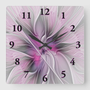 Florales Fraktal Modern Abstrakt Blume Pink Grau Quadratische Wanduhr