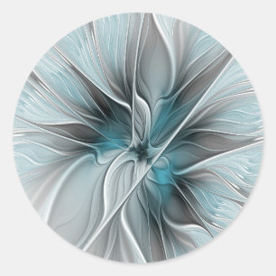 Florales Fraktal Modernes Abstractes Blumen Blau G Runder Aufkleber