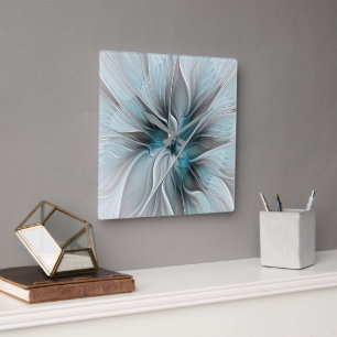 Florales Fraktal Modernes Abstraktes Blumen Blau G Quadratische Wanduhr