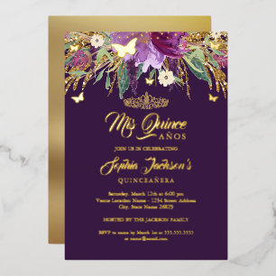 Florales Gold Glitter Funkelndes Amethyst Quincean Folieneinladung