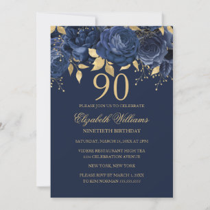 Florales Gold Navy Rose 90. Geburtstag Einladung