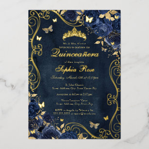 Florales Gold Wirbel Schmetterling Navy Quinceaner Folieneinladung