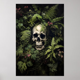 Florales grünes Farn-Schädel-Porträt-Druck, dunkel Poster
