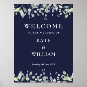 Florales Grünzeug Navy Blau Hochzeits-Willkommenss Poster