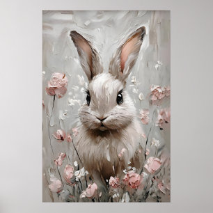 Florales Hasenporträt-Druck, Vintage-Hasen-Wand Poster