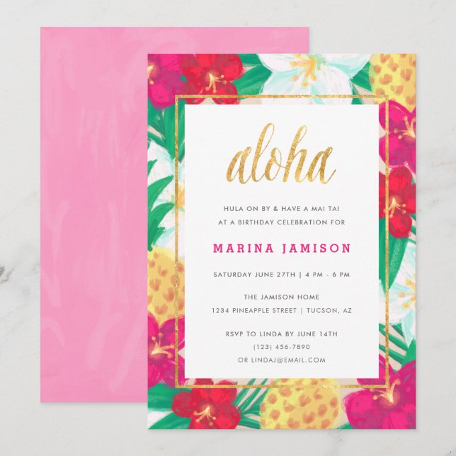 Florales hawaiiennes Invitations de fêtes tropical (Devant / Derrière)