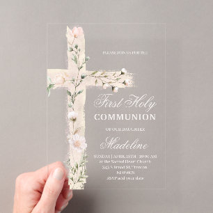 florales Heiliges Kreuz Erstkommunion Acryleinladungen
