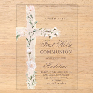 florales Heiliges Kreuz Erstkommunion Acryleinladungen