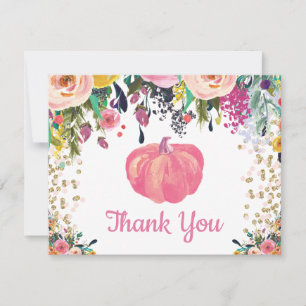 Florales Herbst-Kürbis-Rosa-Gold-Glitter-Konfetti Dankeskarte