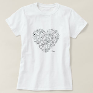 Florales Herz-Doodle Romantische Botanische Linien T-Shirt