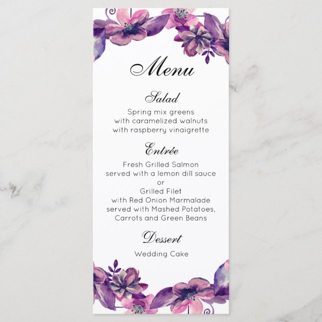 Florales Hochzeitsmenü Lila Blume Karte (Vorderseite)
