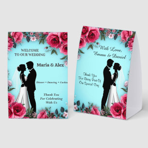 🌷 Florales Hochzeitspaar in Türkis und Rosa 🌷 Tischaufsteller