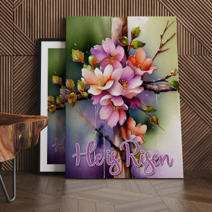Florales hölzernes christliches Kreuz, Er ist aufe Leinwanddruck