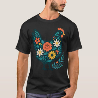 Florales Hühner-Silhouette Farbige Farm-Henne Bota T-Shirt