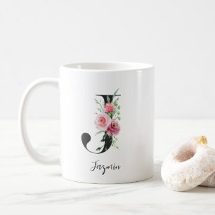 Florales Initial J Rosa Rosen Editierbarer Name Kaffeetasse