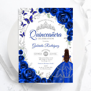 Florales königliches Blau Silber Quinceanera Einladung