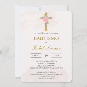 Florales Kreuz beiges spanisches Taufkleid Einladung