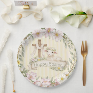 Florales Kreuz und Lamm Frohe Ostern Pappteller