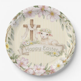 Florales Kreuz und Lamm | Frohe Ostern Pappteller