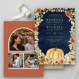 Florales Kürbis-Foto-Kollage Navy-Hochzeit Gold Folieneinladung
