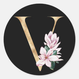 Florales Magnolien-Monogramm in Goldbuchstabe V Runder Aufkleber