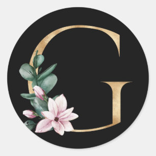 Florales Magnolien-Monogramm in goldnem Buchstaben Runder Aufkleber
