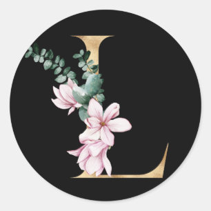 Florales Magnolienmonogramm in Goldbuchstaben L Runder Aufkleber