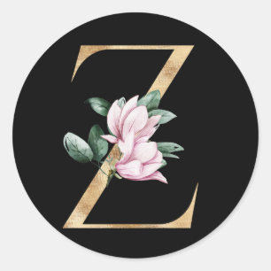 Florales Magnolienmonogramm in Goldbuchstaben Z Runder Aufkleber