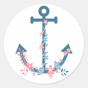 Florales, maritimes Rosa und Blaues Schiffanker Runder Aufkleber