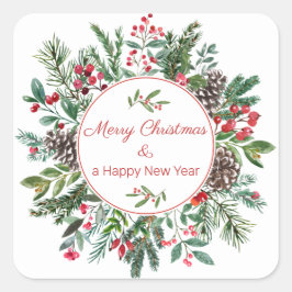 Florales Merry Christmas Happy New Year Quadratischer Aufkleber