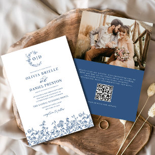 Florales Monogramm-Foto-QR-Code-Navyblau-Hochzeit Einladung
