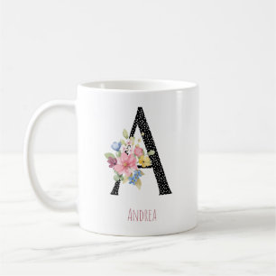 Florales Monogramm Name A schwarze Polka-Punkte Kaffeetasse