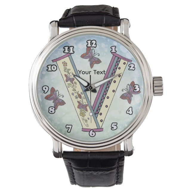 florales Monogramm V Armbanduhr (Vorderseite)