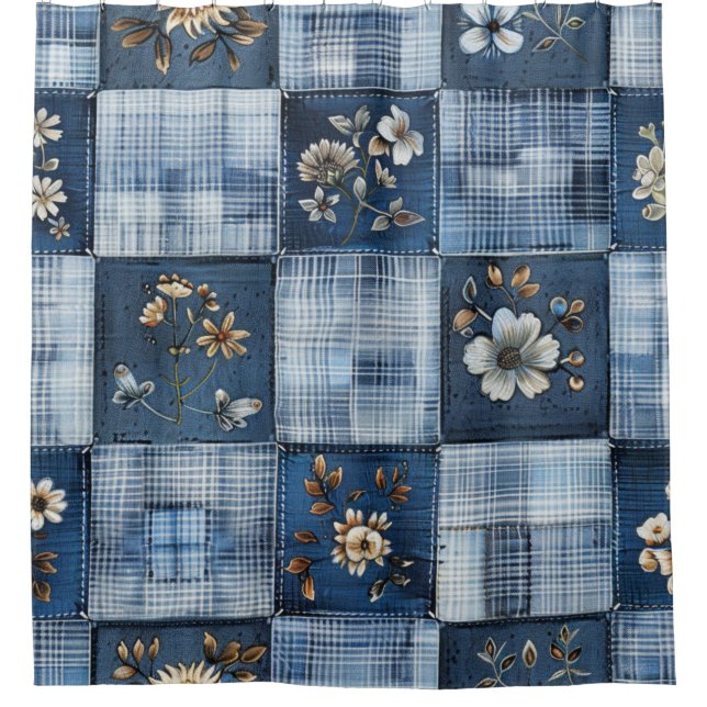 Florales Patchwork-Muster | Boho-Denim Duschvorhang (Vorderseite)