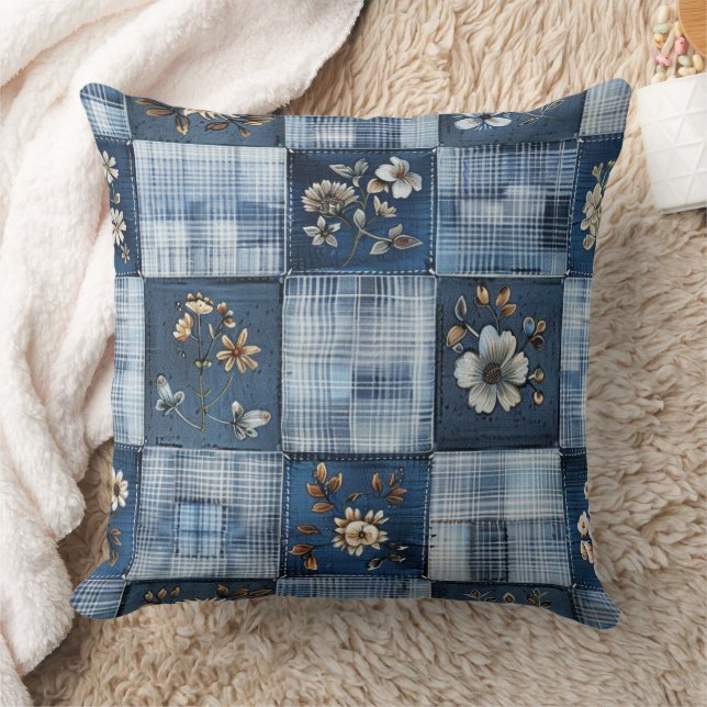 Florales Patchwork-Muster | Boho-Denim Kissen (Decke)