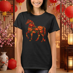 Florales Pferdesilhouette Chinesische Botanische K T-Shirt