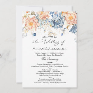 Florales Pfirsich-Rosa-Blaues Hochzeitsprogramm Einladung
